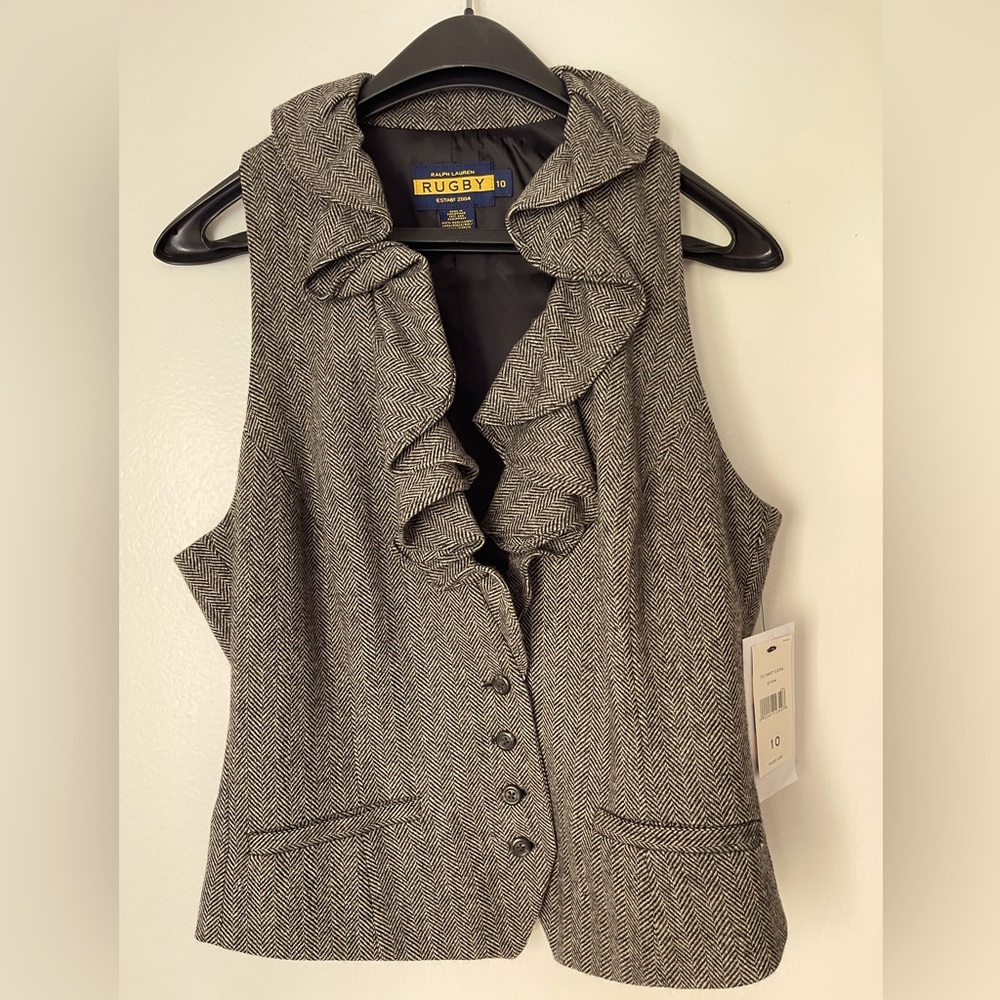 Rugby by Ralph Lauren wool vest with ruffle neckline, houndstooth, size 10